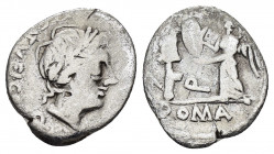 C. EGNATULEIUS.(97 BC).Rome.Quinarius.

Obv : C EGNATVLEI·C·F.
Laureate head of Apollo to right.

Rev : Q, ROMA.
Victory standing left, erecting troph...
