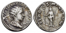 GORDIAN III.(238-244).Rome.Antoninianus.

Obv : IMP CAES M ANT GORDIANVS AVG.
Bust of Gordian III, radiate, draped, cuirassed to right.

Rev : FIDES M...