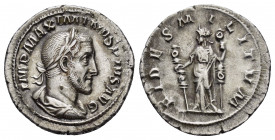 MAXIMINUS I.(235-238).Rome.Denarius.

Obv : IMP MAXIMINVS PIVS AVG.
Bust of Maximinus I, laureate, draped, cuirassed to right.

Rev : FIDES MILITVM.
F...