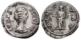 JULIA DOMNA.(193-211).Rome.Denarius.

Obv : IVLIA AVGVSTA: Bust of Julia Domna, hair waved and coiled at back, draped, right

Rev : FELICITAS: Felicit...