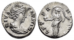 DIVA FAUSTINA I.(Died 140/1).Rome Denarius. 

Obv : DIVA FAVSTINA.
Bust of Faustina I, draped to right, hair elaborately waved in several loops round ...