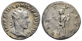 PHILIP I.(244-249).Rome.Antoninianus.

Obv : MP M IVL PHILIPPVS AVG.
Radiate, draped and cuirassed bust to right.

Rev : VIRTVS AVG.
Virtus standing l...