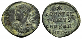 CONSTANTIUS II.(Caesar, 324-337).Antioch.Ae.

Obv : Bust of Constantius II, laureate, draped, cuirassed, left.

Rev : CONSTAN / TIVS / CAESAR / SMANTS...