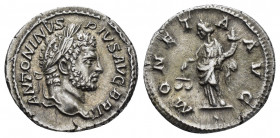 CARACALLA.(198-211).Rome.Denarius.

Obv : ANTONINVS PIVS AVG BRIT.
Laureate head to right.

Rev : MONETA AVG.
Moneta standing left, holding scales and...