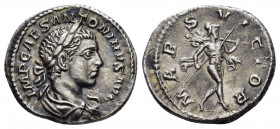 ELAGABALUS.(218-222).Rome.Denarius. 

Obv : IMP CAES M AVR ANTONINVS AVG.
Laureate, draped and cuirassed bust right.

Rev : MARS VICTOR.
Mars advancin...