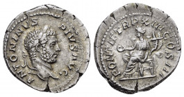 CARACALLA.(198-217). Rome.Denarius.

Obv : ANTONINVS PIVS AVG.
Laureate head right. 

Rev : PONTIF TR P XIII COS III.
Concordia seated left, holding p...