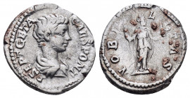 GETA.(Caesar, 198-209). Rome.Denarius. 

Obv : P SEPT GETA CAES PONT.
Bareheaded and draped bust right.

Rev : NOBILITAS.
Nobilitas standing right, ho...