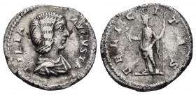 JULIA DOMNA.(196-211).Rome.Denarius.

Obv : IVLIA AVGVSTA.
Draped bust to right. 

Rev : FELICITAS.
Felicitas standing to left, holding caduceus and s...