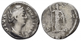 DIVA FAUSTINA I.(Died 140/1).Rome.Denarius.

Obv : DIVA FAVSTINA.
Draped bust right.

Rev : AVGVSTA.
Ceres, veiled, standing left, holding torch and g...