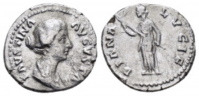 FAUSTINA II (Augusta, 147-175). Rome.Denarius. 

Obv : FAVSTINA AVGVSTA.
Draped bust right.

Rev : DIANA LVCIF.
Diana standing left, holding torch.
RI...