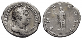 HADRIAN.(117-138).Rome.Denarius. 

Obv : IMP CAESAR TRAIAN HADRIANVS AVG.
Laureate bust right, with slight drapery.

Rev : P M TR P COS III.
Spes adva...