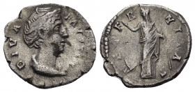 DIVA FAUSTINA I.(Died 140/1).Denarius.Denarius. 

Obv: DIVA FAVSTINA.
Draped bust right.

Rev: AETERNITAS.
Aeternitas (or Juno) standing facing, head ...