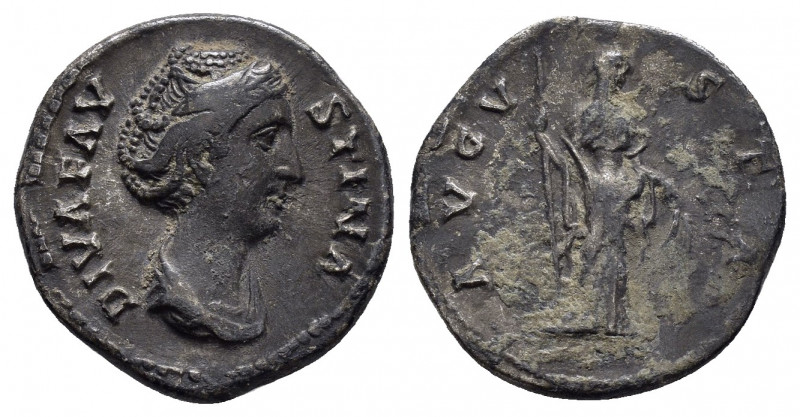 DIVA FAUSTINA I.(Died 140/1).Rome.Denarius. 

Obv : DIVA FAVSTINA.
Draped bust r...