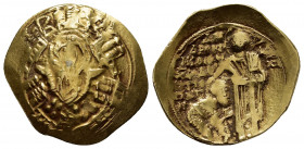 ANDRONICUS II.(1282-1332).Constantinople.Hyperpyron.

Obv : Nimbate and draped bust of the Virgin, orans, within the walls of Constantinople; B and X ...
