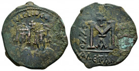 REVOLT of THE HERACLII.(608-610).Alexandria.Follis 

Obv : δMN ЄRACLIO CONSULII.
Crowned facing busts of Heraclius and exarch Heraclius, each wearing ...