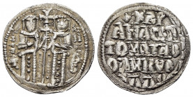 ANDRONICUS II with MICHAEL IX.(1282-1328).Constantinople.Basilikon.

Obv : Andronicus II and Michael IX standing facing, holding long cross between th...