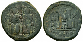 JUSTIN II and SOPHIA.(565-578).Antioch.Follis.

Obv : DN IVSTINVS PP AVG.
Justin and Sophia enthroned facing, holding between them globus cruciger.

R...