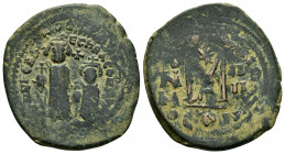 HERACLIUS with HERACLIUS CONSTANTINE.(610-641).Constantinople.Follis. 

Obv : Heraclius, bearded, on left, and Heraclius Constantine, on right, standi...