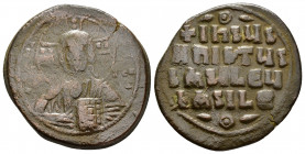 ANONYMOUS FOLLES.Class A3.Attributed to Basil II & Constantine VIII.(976-1025).Constantinople.Ae.

Obv : + ЄMMANOVHΛ / IC - XC.
Facing bust of Christ ...