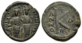 JUSTIN II and SOPHIA.(565-578).Thessalonica.Half follis.

Obv : D N IVSTINVS P P AVG.
Justin at left, Sophia at right, seated facing on double-throne,...
