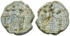 An impressive byzantine lead seal of Constantinos officer with six saints.(ca 12th cent.).

Obverse: Facial bust of Jesus Christ, nimbate, wearing chi...