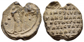 Byzantine lead seal of Philaretos (Vrachames?).(11th cent.)

Obverse: Saint Nicholaos standing facial in prelate's garments, nimbate, blessing by his ...