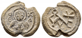 Byzantine lead seal of Stephanos officer.(6th cent.)

Obverse: Facial bust of the Mother of God nimbate, wearing chiton and maphorion, holding Jesus C...