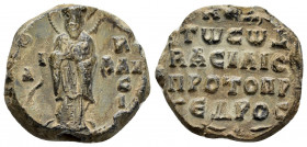 Byzantine lead seal of Basileios protoproedros.(11th cent.)

Obverse: Saint Basileios the Great standing facial, nimbate, in prelate's garments, bless...