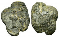 Imperial conical lead seal of Heraclius and Heraclius Constantine.(ca 612–641 AD)

Obverse: The two co-emperors standing facial, crowned, wearing clam...