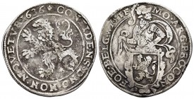 NETHERLANDS. West Friesland. Lion Dollar or Leeuwendaalder (1636).

Obv : MO ARG PRO CONFOE BELG WES.
Knight standing left, head right, holding up ...