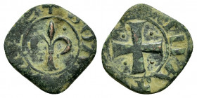 CRUSADERS.Antioch.Bohémund IV.(1201-1216).Ae.

Obv : +BOAMVNDVS.
Fleur de lis with triangular foot, pellet in each angle, wire border.

Rev : +ANTIOCH...