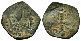 Crusaders.Uncertain.(11th Century).Follis.

Obv : Nimbate bust of Christ facing.

Rev : Cross with forked extremities; in angles, two crescents and tw...