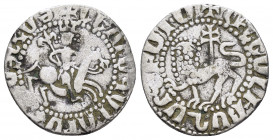 CILICIAN ARMENIA.Levon II.(1270-1289).Tram.

Obv : Levon on horseback; holds patriarchal cross, + in field, Armenian legend.

Rev : Crowned lion facin...