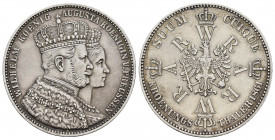 GERMANY.Wilhelm I with Augusta.(1861-1888).Berlin.1861.

Obv : WILHELM KOENIG AUGUSTA KOENIGIN V PREUSSEN.
Jugate crowned busts of Wilhelm, mantled...