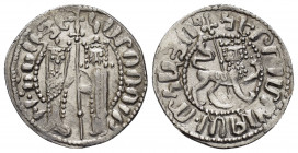 CILICIAN ARMENIA.Hetoum I with Zabel.(1226-1270).Sis.Tram.

Obv : Zabel and Hetoum standing facing, holding long cross with two banners between; pel...