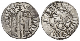 CILICIAN ARMENIA.Hetoum I with Zabel.(1226-1270).Sis.Tram.

Obv : Zabel and Hetoum standing facing, holding long cross with two banners between; pel...