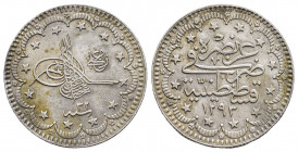 OTTOMAN EMPIRE.Abdul Hamid II.(1876-1909).Qustantiniya.1293/32 AH.5 Kurush.

Obv : Tugra

Rev : Arabic legend.
 KM 737.

Condition : Nicely toned and ...