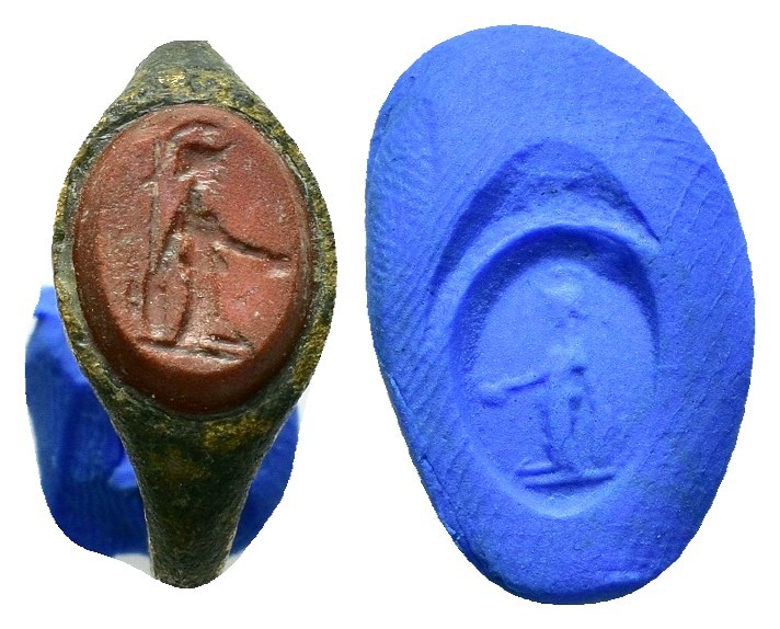 ANCIENT ROMAN BRONZE CARNELIAN RING with ATHENA.(1st-2nd century).Ae.

Conditi...