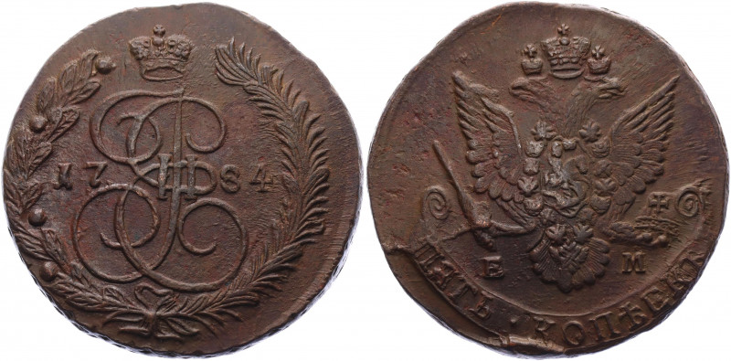 Russia 5 Kopeks 1784 EM
Bit# 635; Conros# 180/46; Copper 57.05 g.; XF