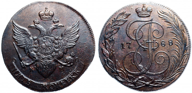 Russia 5 Kopeks 1788 KM R
Bit# 797 R; Copper 46.97g 42mm; 35 Roubles by Petrov;...