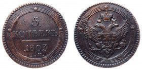 Russia 5 Kopeks 1803 EM
Bit# 284; Copper 52.35g; Type 1802