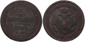 Russia 5 Kopeks 1807 ЕМ
Bit# 294; 0,5 R by Petrov; Conros# 182/12; Copper 47.54 g.; Large crown - Большая корона; XF