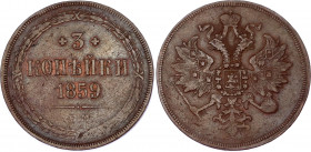 Russia 3 Kopeks 1859 ЕМ
Bit# 323; Copper 13.00 g.; XF