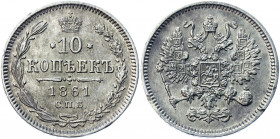 Russia 10 Kopeks 1861 СПБ
Bit# 292; Silver 1.94 g.; UNC