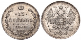 Russia 15 Kopeks 1861 СПБ
Bit# 290; Silver 3.07 g.; Mint luster; UNC