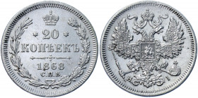 Russia 20 Kopeks 1868 СПБ HI
Bit# 216; Conros# 146/42; Silver 3.47g.; XF-AUNC