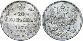 Russia 20 Kopeks 1870 СПБ HI
Bit# 218; Silver 3.40 g.; XF