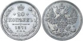 Russia 20 Kopeks 1871 СПБ HI
Bit# 219; Conros# 146/45; Silver 3.56g.; XF+