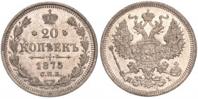 Russia 20 Kopeks 1875 СПБ HI
Bit# 226; Silver 3.58 g.; Mint luster; AUNC-UNC