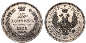Russia 25 Kopeks 1855 СПБ HI
Bit# 311; Silver 5.2 g.; Mint luster; UNC